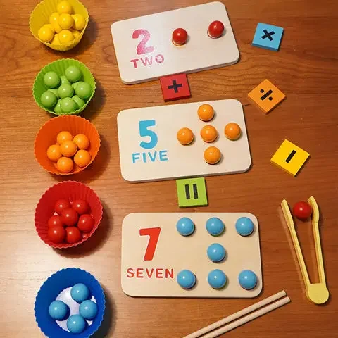 Montessori Wooden Toys Kids Hands Brain Training Clip Beads Chopsticks Beads Toys Early Educational Puzzle Board Math Game To L1