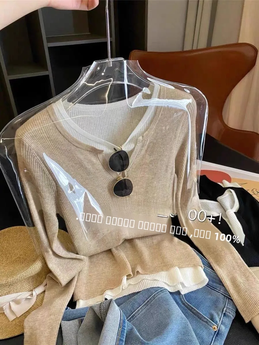 

Women's Knitted Long Sve Sweater Thin Wool Blend Color Blo Design Spring Autumn Layering Base irt False Two-Piece