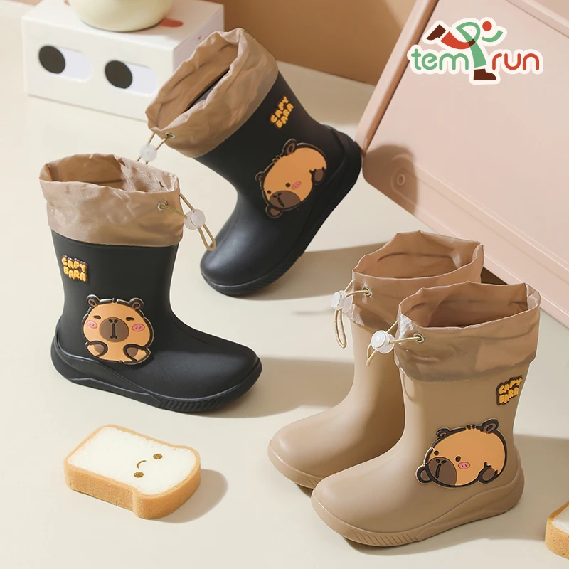 Cartoon Capybara Pattern Children's Rain Boots For Boys And Girls Rubber Anti-Slip Elastic Band Student Waterproof Rain Boots