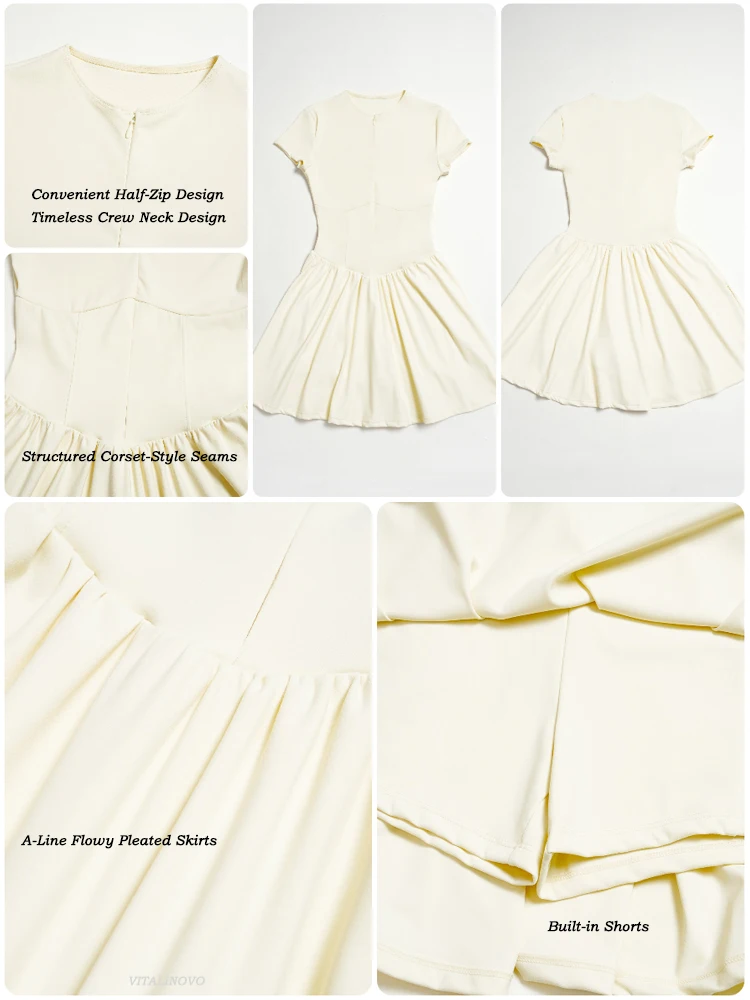 VITALINOVO Damen-Tenniskleid mit Reißverschluss vorne, Rundhalsausschnitt, fließend, plissiert, ärmellos, Mini-Golf-Sportkleid mit Shorts-Tasche – Detail 4