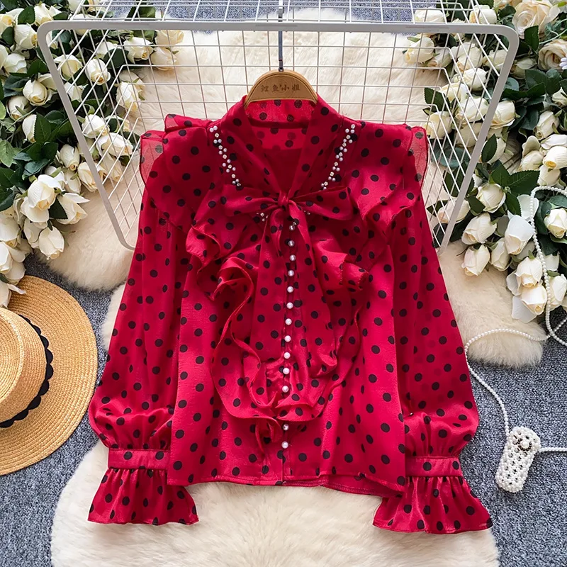 

French Court Style Heavy Beaded Bow Tie Ruffled Patchwork Long Sleeve Polka Dot Chiffon Blouse Top