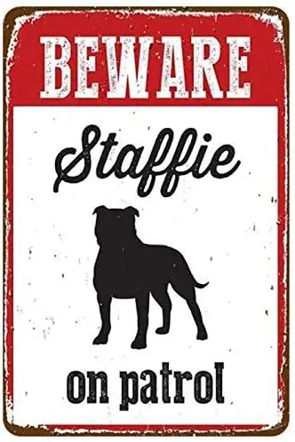 Vintage Tin Sign Beware Staffordshire Bull Terrier Metal Wall Panel Retro Art Decoration for Home Club Cabin Garage Store Bar Ca