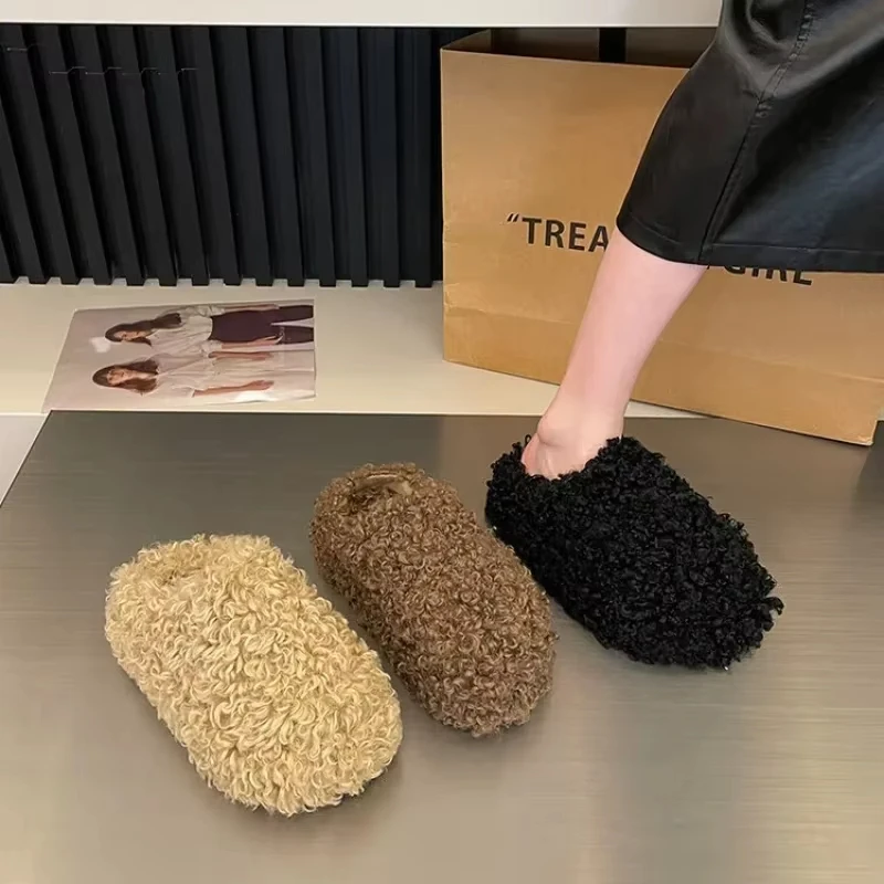 Thick Heel Luxury Lambwool Mules Winter Shoes Woman Flip Flops Flat Cover Toe Slides Ins Warm Curly Lamb Fur Slippers Women