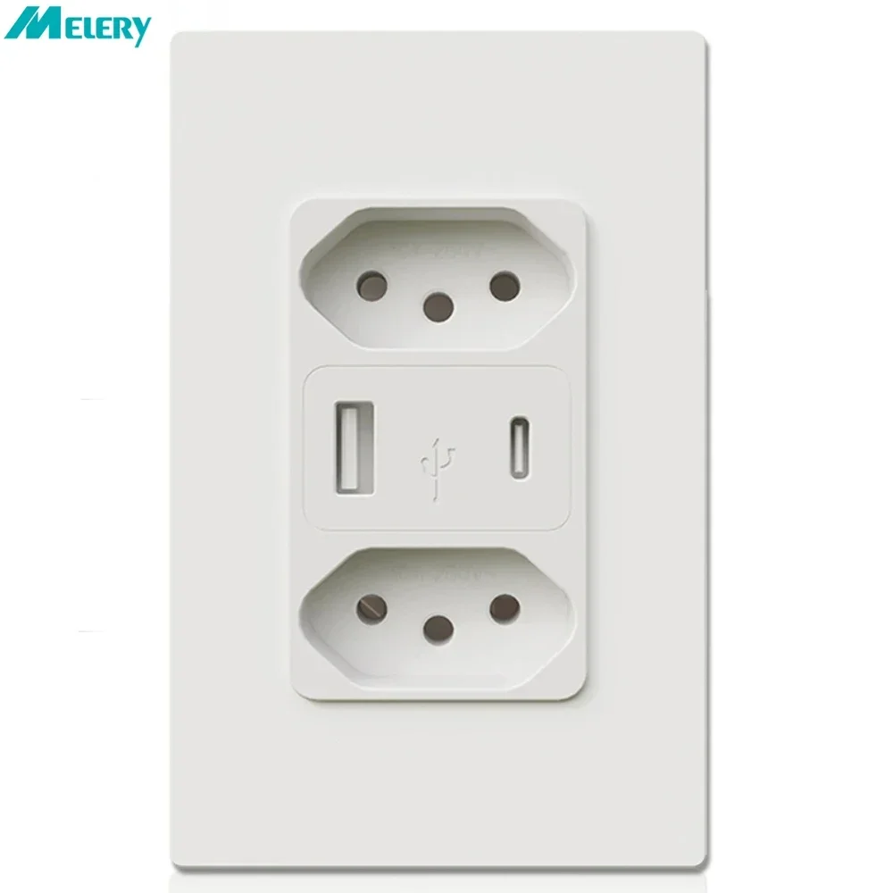 Melery Brazil Wall Tomada USB Type-C Socket 4.8A Brazilian Dual Outlets Brasil Carregador Dupla for Iphone Kitchen Home Office