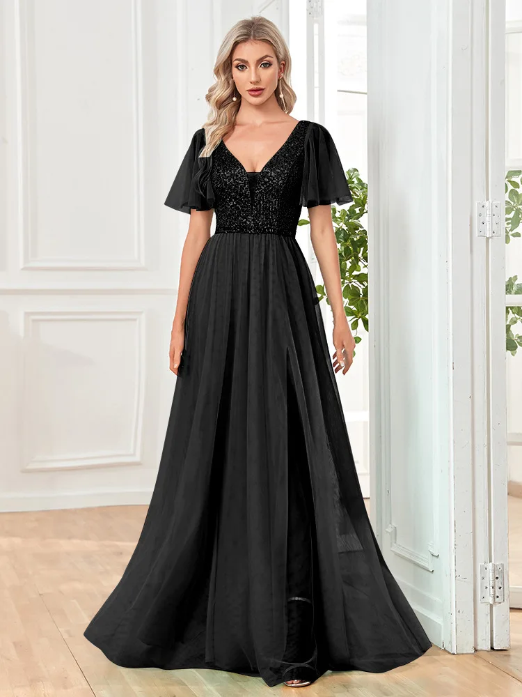 Ladies Sequined Evening Dress Banquet Mesh Big Swing Dress Skirt V-neck Sexy Short-sleeved Long Skirt Graduation PerformanceGown