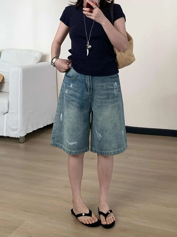 plus Size Retro Graffiti Five-Point Denim Jeans Women Summer Loose Slimming Wide Leg Straight Cut Pants High Waist Zipper