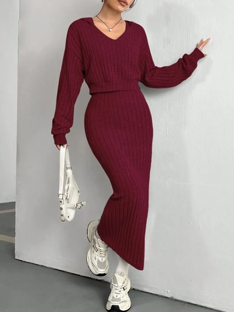 

Костюм, осенний новый свитер с капюшоном, модные повседневные костюмы для поездок на работу, комплект из 2 предметов, женское вязаное свободное красное платье с длинными рукавами