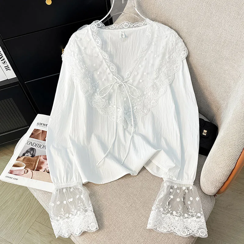 

Women Blouse Shirt New Long Sleeve V-Neck White Lace-up Ruffles Blouse Shirt Women Tops Blouses Shirts Blusas Camisas 2025 Q539