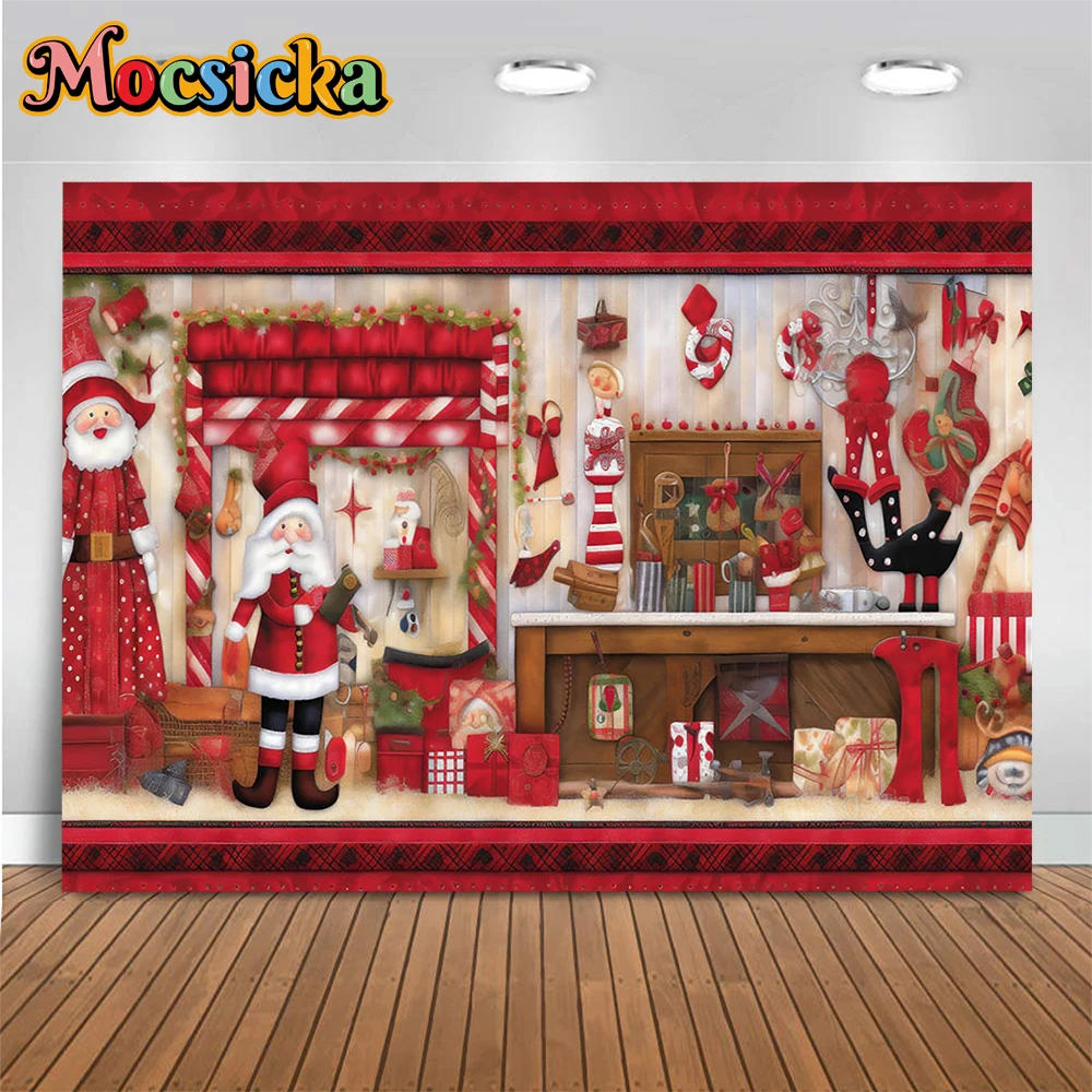 سانتا كلوز كاندي ستوديو خلفية لتصوير عيد الميلاد ، هدايا حمراء ، خلفية كشك خشبي للطفل ، استوديو صور عيد الميلاد ، الشتاء