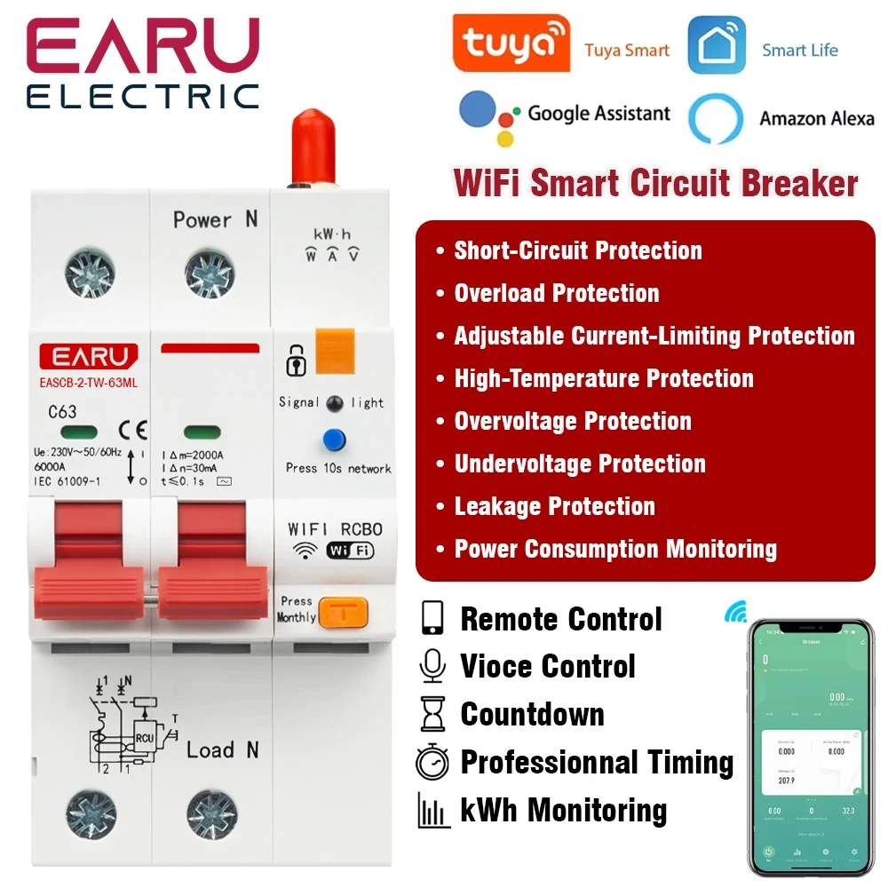 

Tuya WiFi Smart RS485 измерительный автоматический выключатель утечки MCB RCBO AC230V автоматический выключатель с дистанционным управлением с защитой от утечки