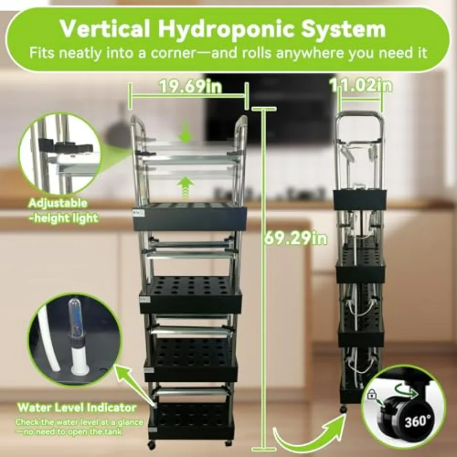 Indoor hydroponics growing system: vertical garden with smart full-spectrum lights, auto water circulation, white aluminum fram view 3