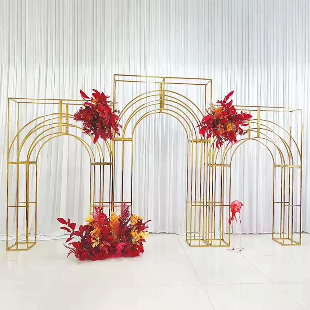 

Hot wedding props Iron screen wedding stage layout gold metal arch welcome area decorative background frame