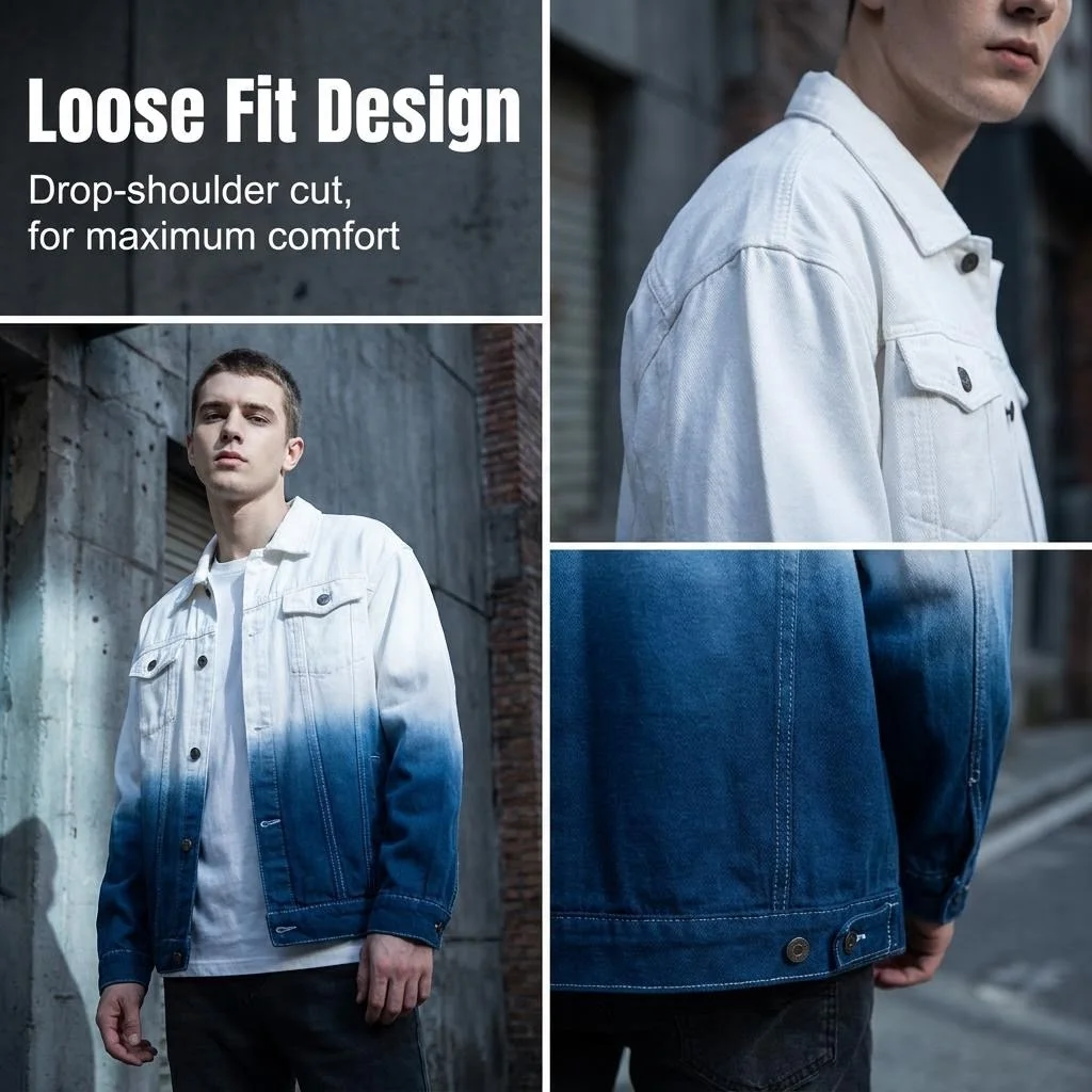Men Gradient Denim Jacket Loose Warm Jean Coat Spring Autumn Winter Trendy Versatile Casual Outerwear