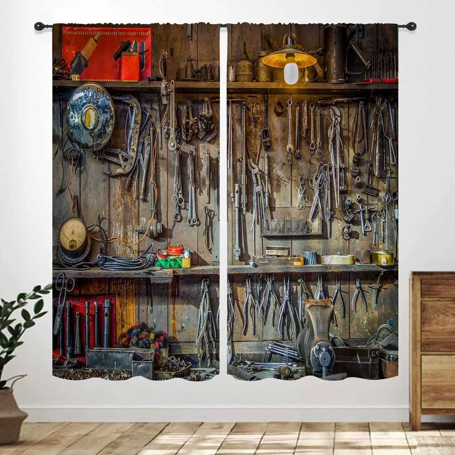 Vintage Rustic Garage Tool Man Cave Curtains, Workshop Equipment Print Drapes for Men Teens Bedroom Kitchen Living Room Decor