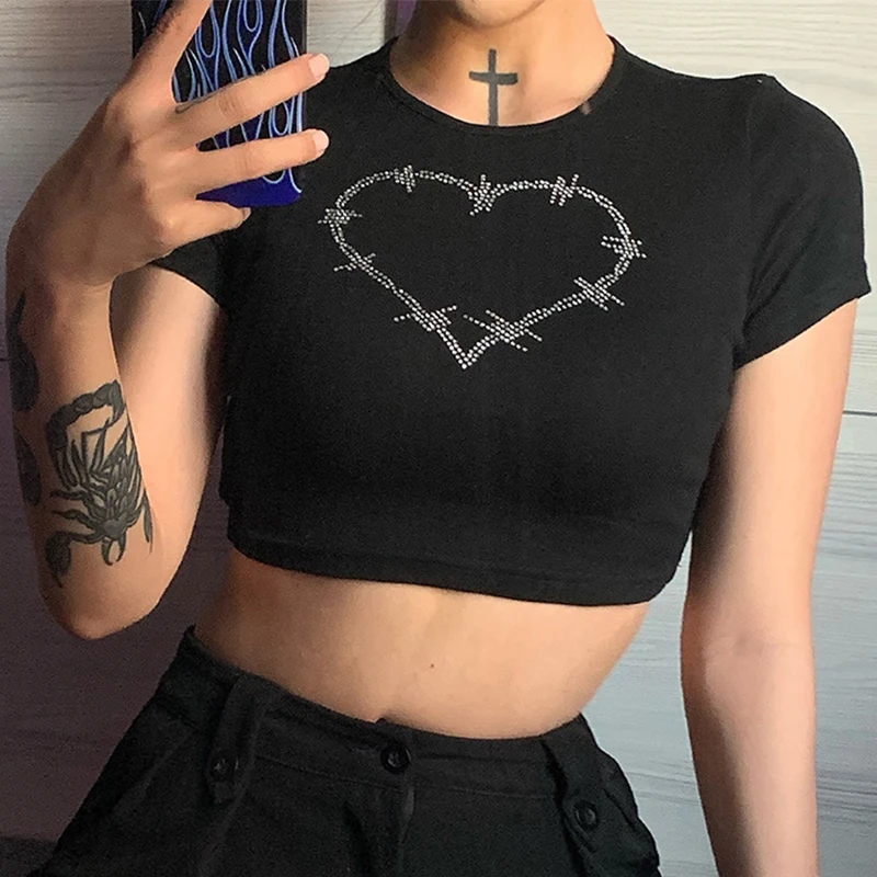 Y2k Sexy Punk Vintage Goth Crop Tops Women Fashion Rhinestone Short Sleeve T-shirt Summer O-neck Tshirt Black Top Tee Streetwear