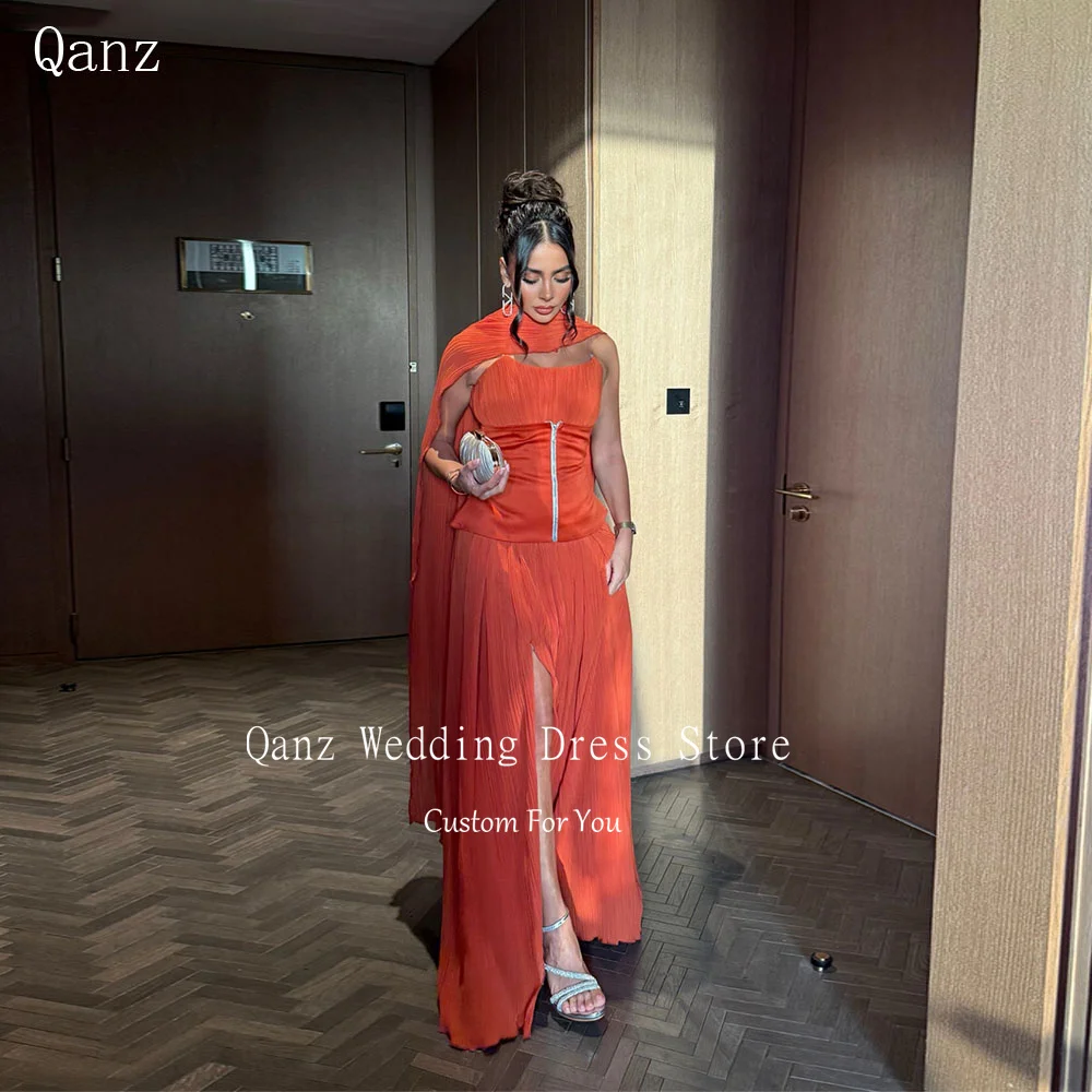 

Qanz Orange Chiffon Evening Dresses High Slit Strapless Formal Dresses Woman Long A Line Pleat Abendkleider Dubai Customized
