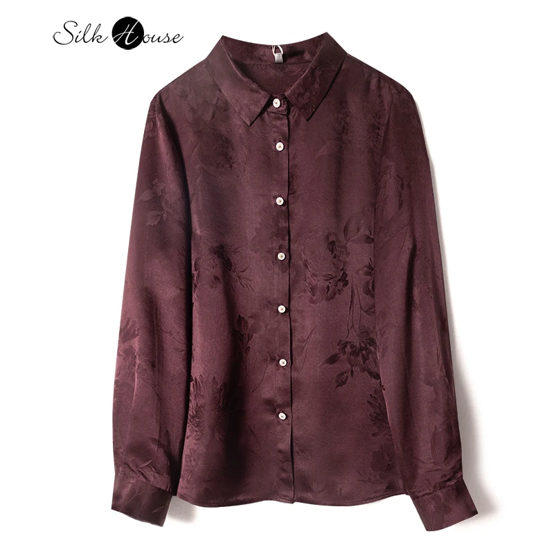 

2024 Autumn New Sauce Purple Peony Jacquard 100% Natural Mulberry Silk Square Neck Skin Friendly Versatile Long Sleeve Shirt