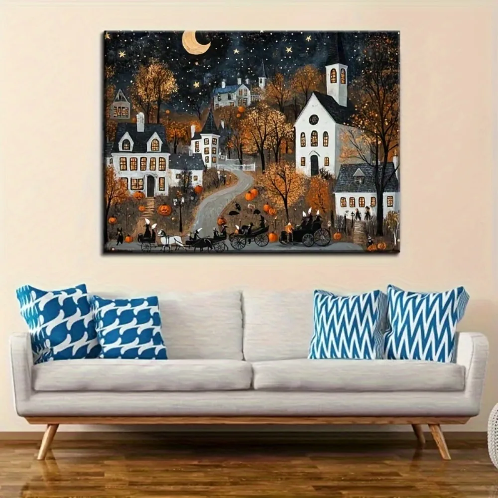 Moldura de madeira maciça de 1,5 polegadas, linda cidade, decoração de imagem de celebração de Halloween, adequada para festas, decoração interna