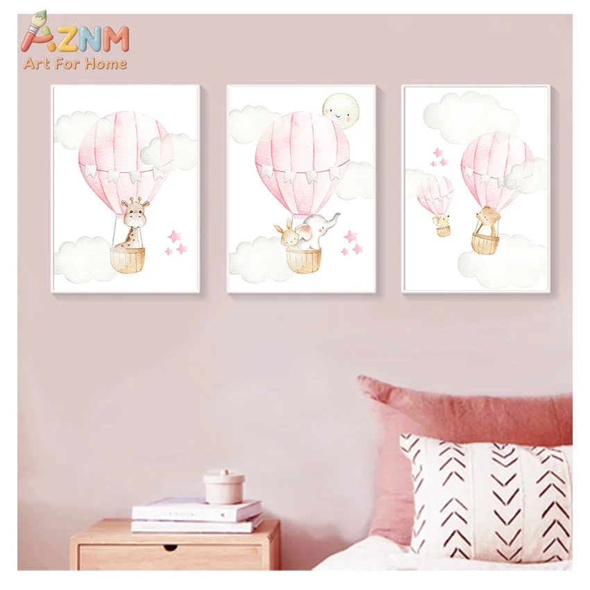 AZNM Watercolor Pink Hot Air Balloon Animals Nursery Canvas Wall Art Print Decor