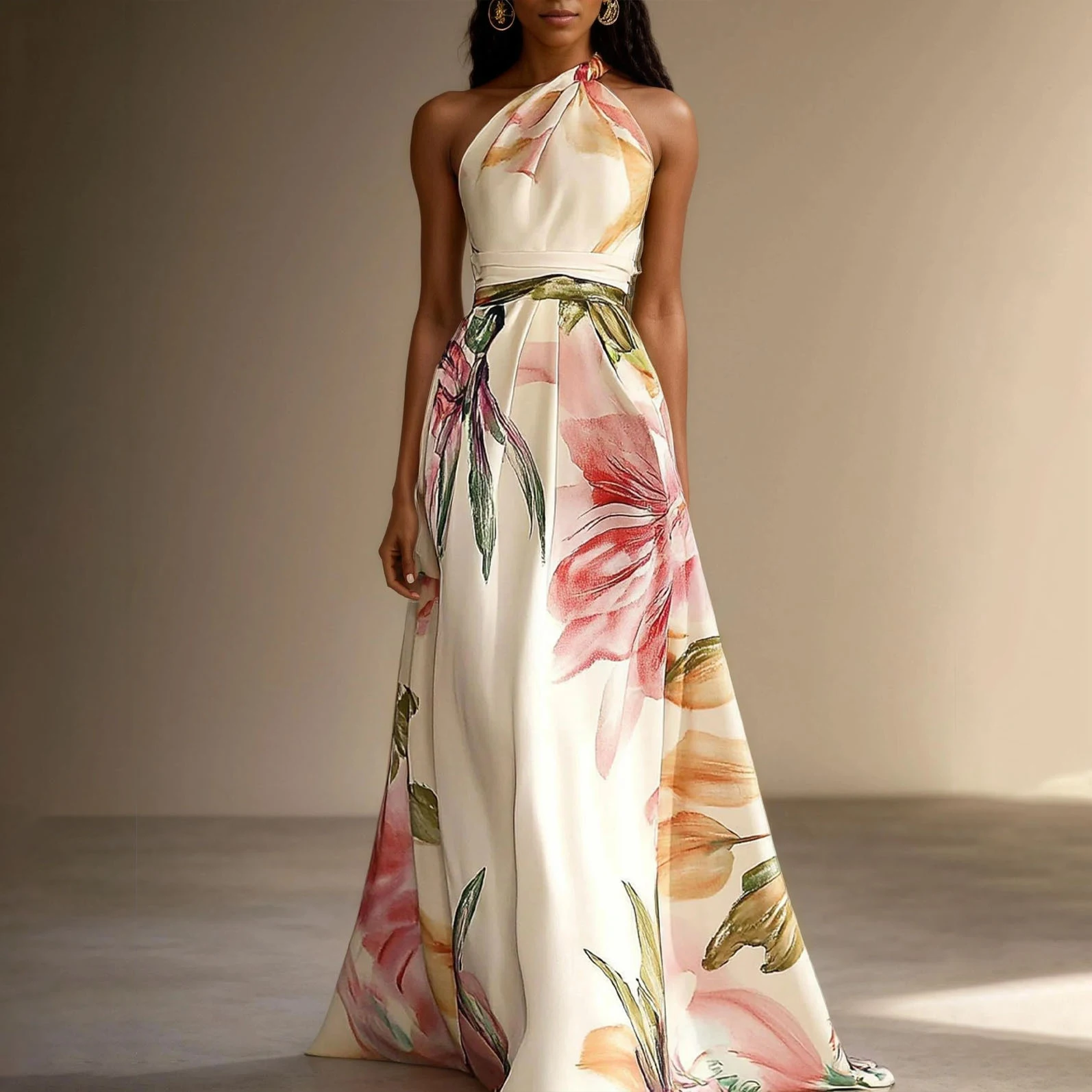 Elegant Watercolor Big Flower Print Halter Neck Maxi Dress Sleeveless Waist Tie Flowy Long Dress For Beach Wedding Evening