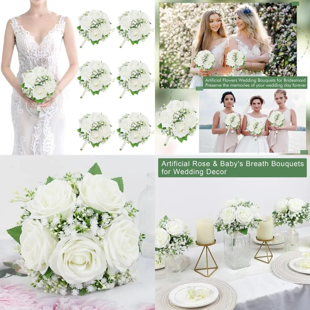

Ivory White Silk Rose Bouquets Set of 6-7 Inch Pre-Made Bridesmaid Flower Arrangements with Baby's Breath for Weddings
