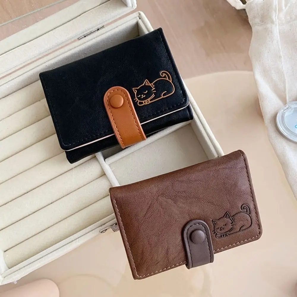 

Lovely Portable Cat Printed Wallet Cute Multiple Card Short Leather Purse Card Pouch PU Leather Three Fold Wallet Travel