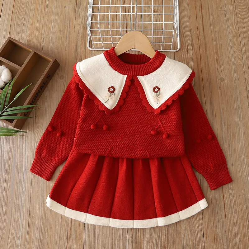 Girls Sweater Set 2026 New Knit Pullover Top Wide Collar Skirt 2 Piece Outfit 3D Cherry Decoration for 90-130cm