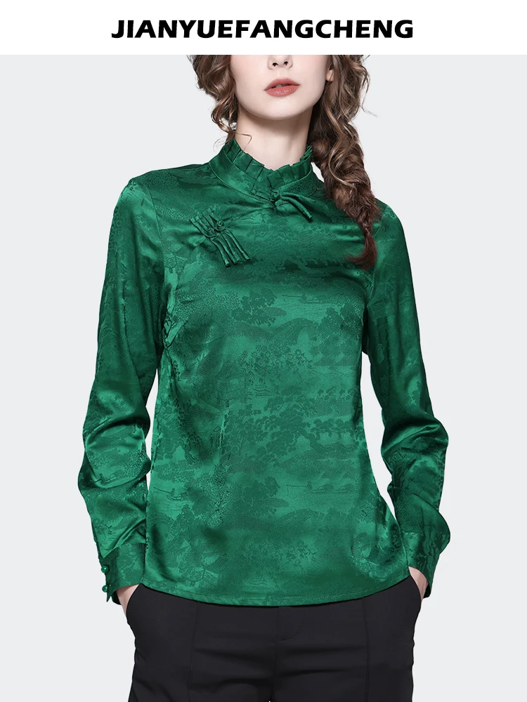 Vintage Chinese Style Women Long Sleeve Turtleneck Jacquard Blouse Green Loose Casual Spring Summer Tops Female Shirts