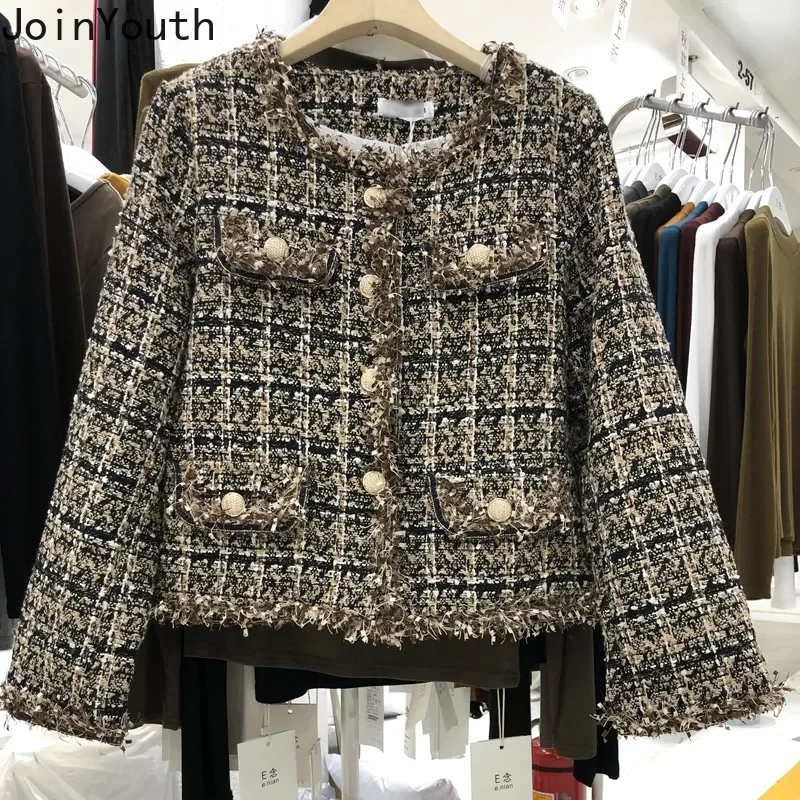 2022 Women Jackets Winter Clothing Temperament Tweed Fashion Outwear O-neck Tunic Crop Tops Chic Tassel Thicked Korean Coat