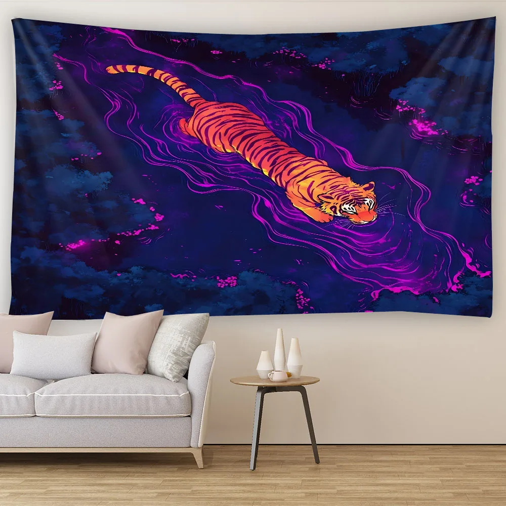 Tigers Walking in Water Art Tapestry - Living Room Sofa Wall Background Home Decor Mural Painting with Plants And Animals Theme