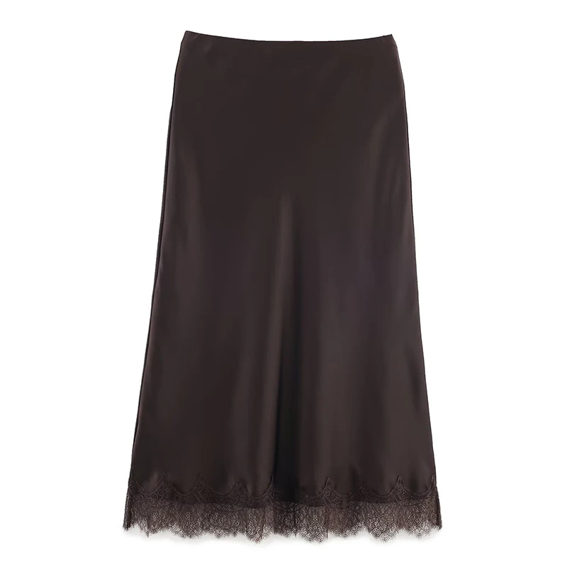 Elegant High Waist Lace Satin Skirt Women 2026 Summer Office Party A Line Skirts Woman Solid Color Straight Long Skirts Female