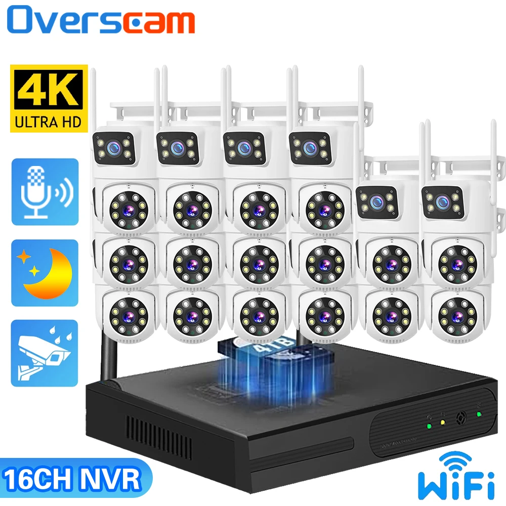 16ch wifi nvr lente dupla sem fio cctv kit de vigilância rastreamento automático cor visão noturna p2p 4k 8mp ptz câmera ip sistema segurança