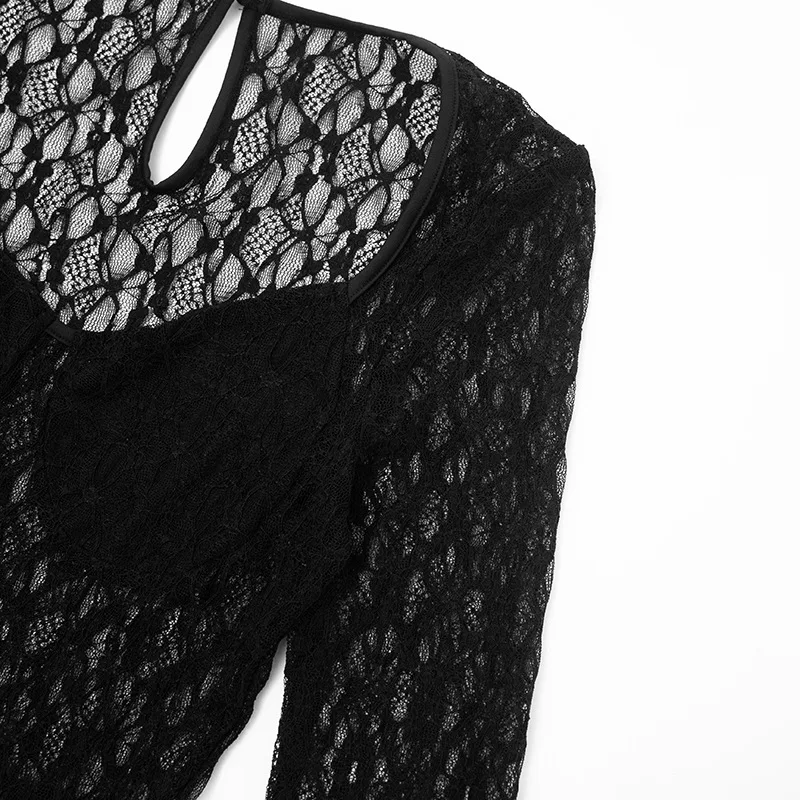 المرقعة انظر من خلال شبكة الدانتيل مضيئة حللا المرأة مثير ساحة الرقبة طويلة الأكمام ضئيلة النادي الليلي وزرة الحفلات الشارع الشهير