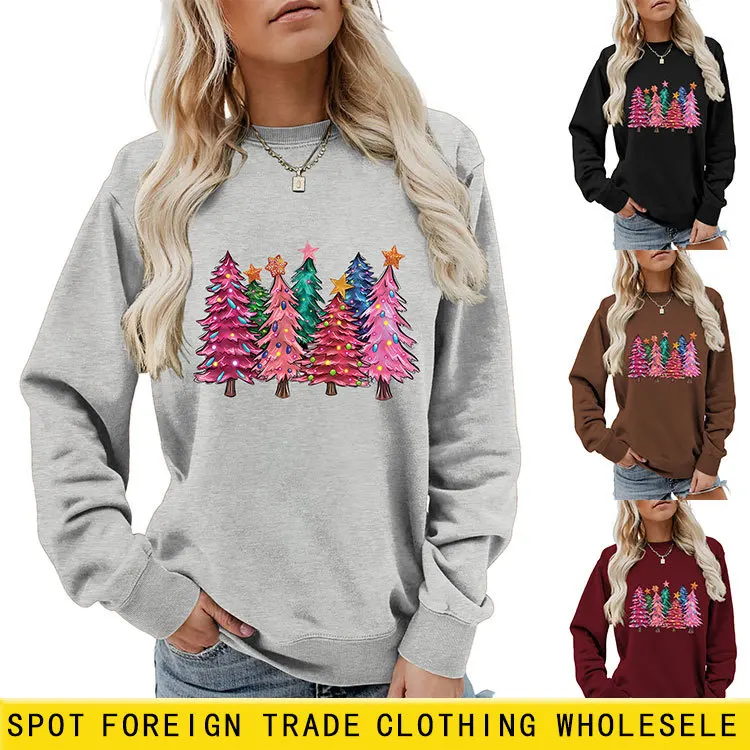 Autumn Winter Women's Pullovers Plus Velvet Female Christmas Tree Printed Long Sleeve Tops Women's O-neck Thicken Sweatshirt