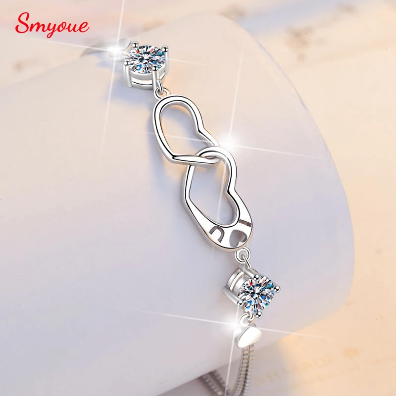 Smyoue 1cttw Adjustable D Color Moissanite Heart Bracelet for Women 100% Pure 925 Silver Chain with Certificate Christmas Gift