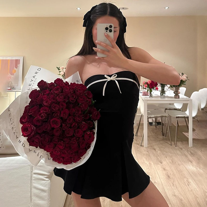 Sexy Strapless Mini Dress Women Summer New Sleeveless Fashion Bodycon Black A-LINE Dresses Casual Streetwear Elegant Party Dress