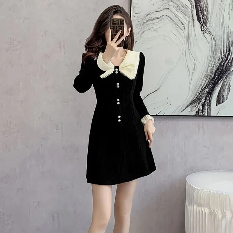 Female Clothing Vintage Doll Collar Dresses Fashion Beading Autumn Winter Button Elegant A-Line Waist Solid Color Mini Dress New