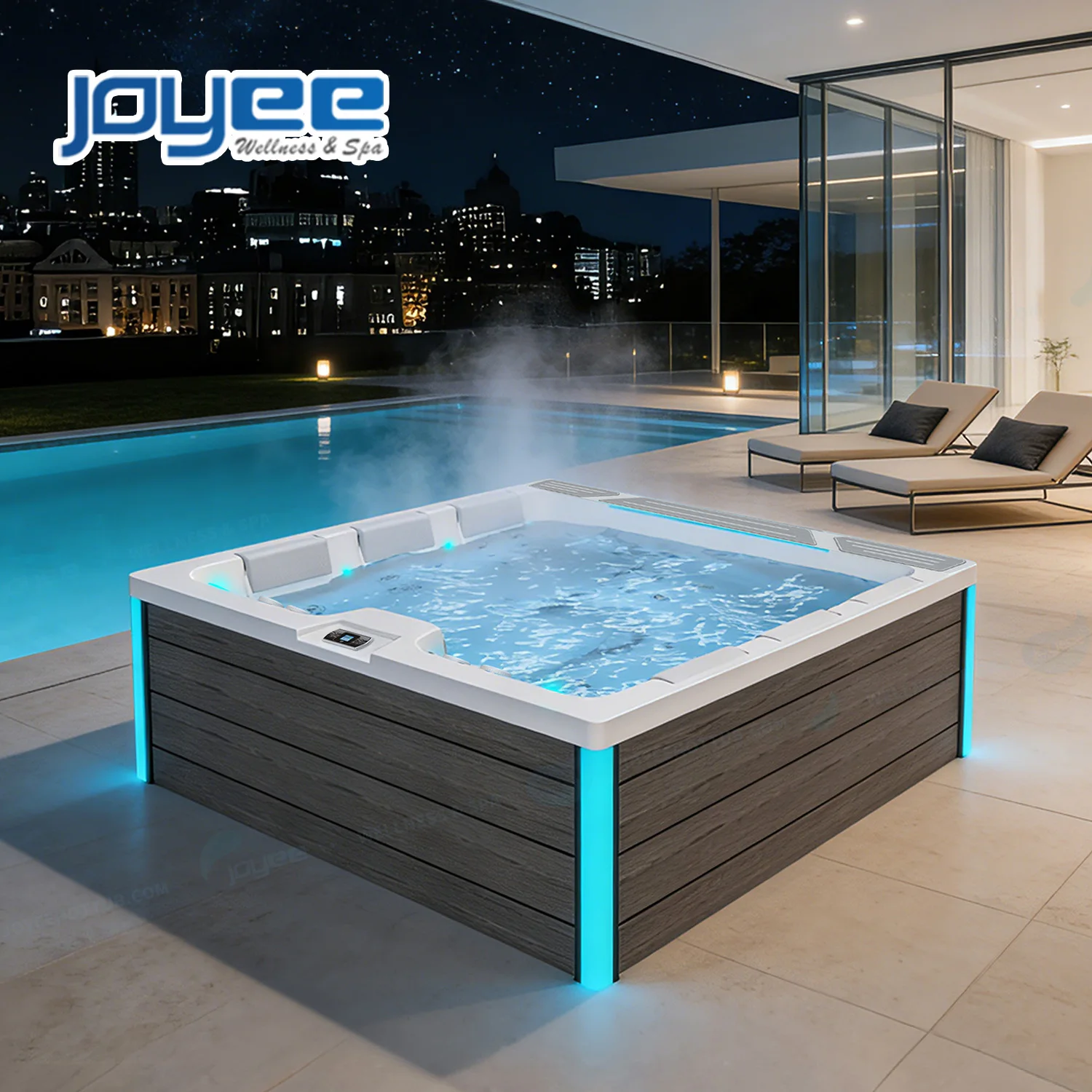 JOYEE 6 Persons Outdoor Whirlpool Hot Tub Balboa Acrylic Garden Hot Tube Large Led Waterfall Villa Hotel Modern Hottub