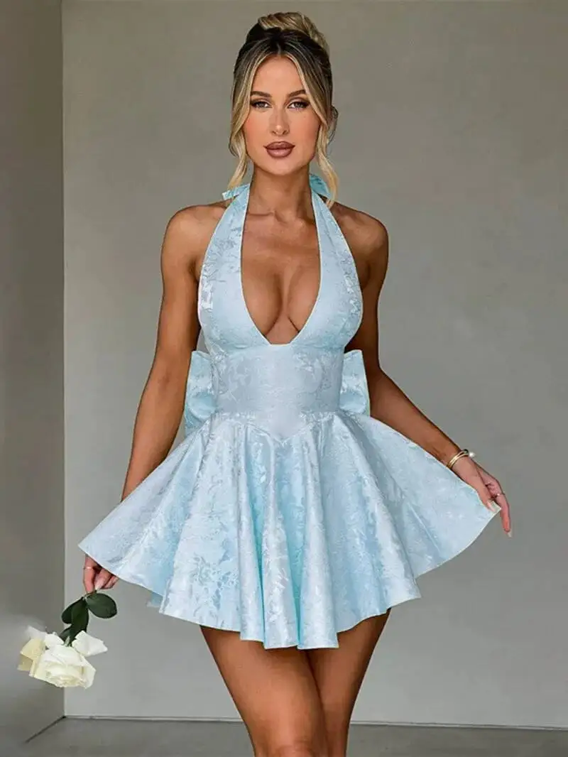 ジャカードウエストラップAラインドレス レディース ミニ丈 2024春夏 エレガントなリボン バックレス セクシー パーティードレス MEH8