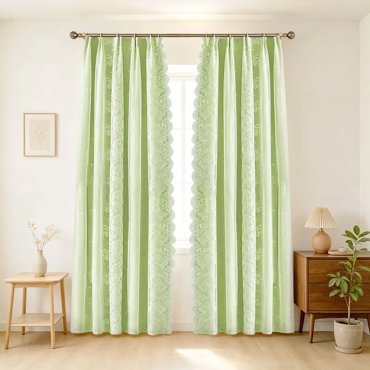 Green Double Layer Curtains 2 Panels, Four Prong Hook, Floral Lace Sheer Overlay, Scalloped Edge Window Drape for Bedroom