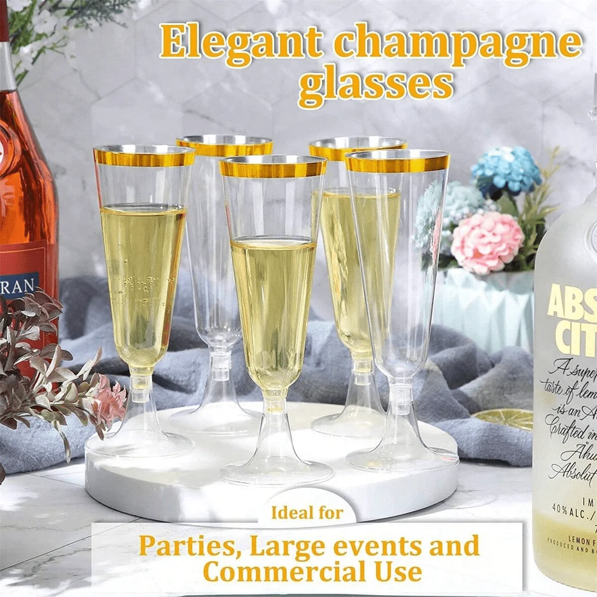 

50pcs 5oz Reusable Gold/Silver/Bronze Rim Plastic Champagne Flutes for Party Kitchen Bar Christmas Gift