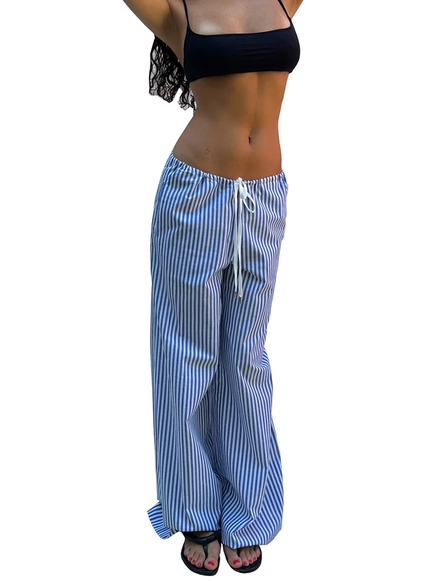 Women Y2k Stripe Print Long Pants Casual Loose Fit Elastic Waist Wide Leg Pants with Pockets Lounge Pants Streetwear