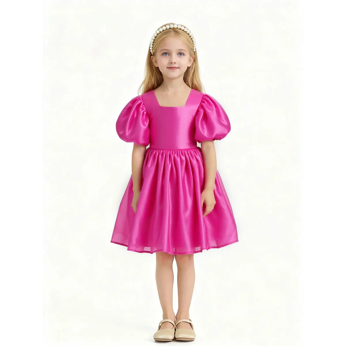 

HETISO Dress for Girls Solid Puff Sleeve Elegant Birthday Party Gowns Kids Princess Casual Wear Holiday Wear Gift 1-5 Years