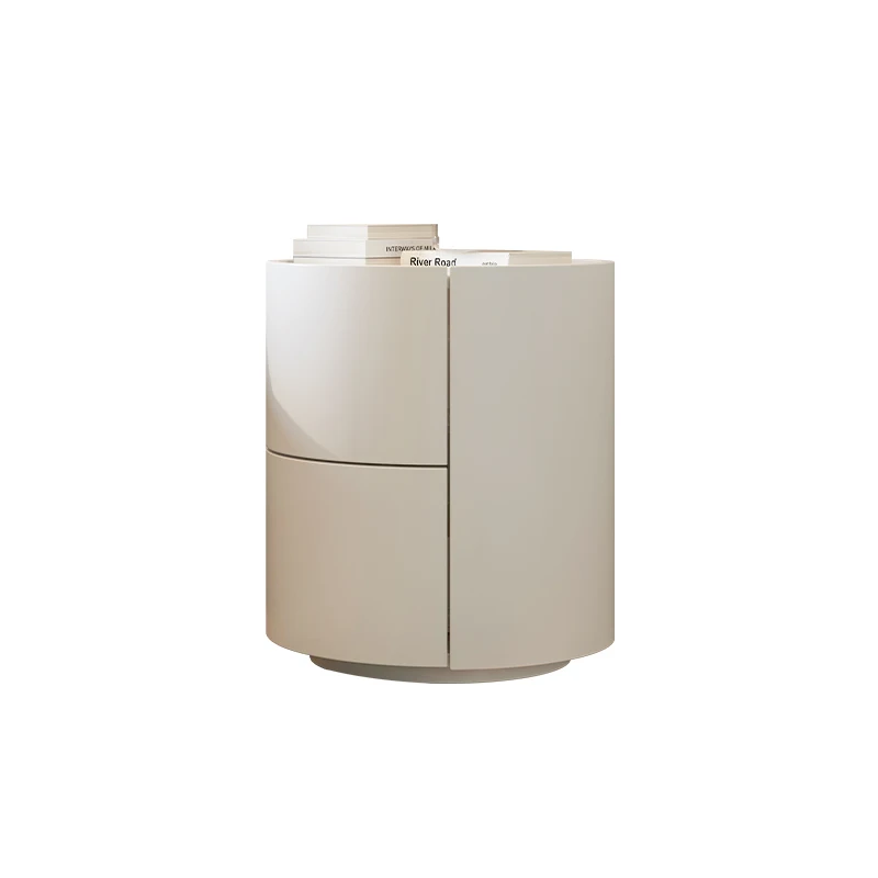 #Cream White Nordic Round 2-Drawer Side Table with Curved Edge and Hidden Pull Spray Paint Finish