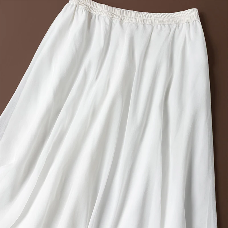 Women Silk Skirt 100% Mulberry Silk Solid White Color Long Type Skirt With Lining Summer Beach Big Hemline M1679