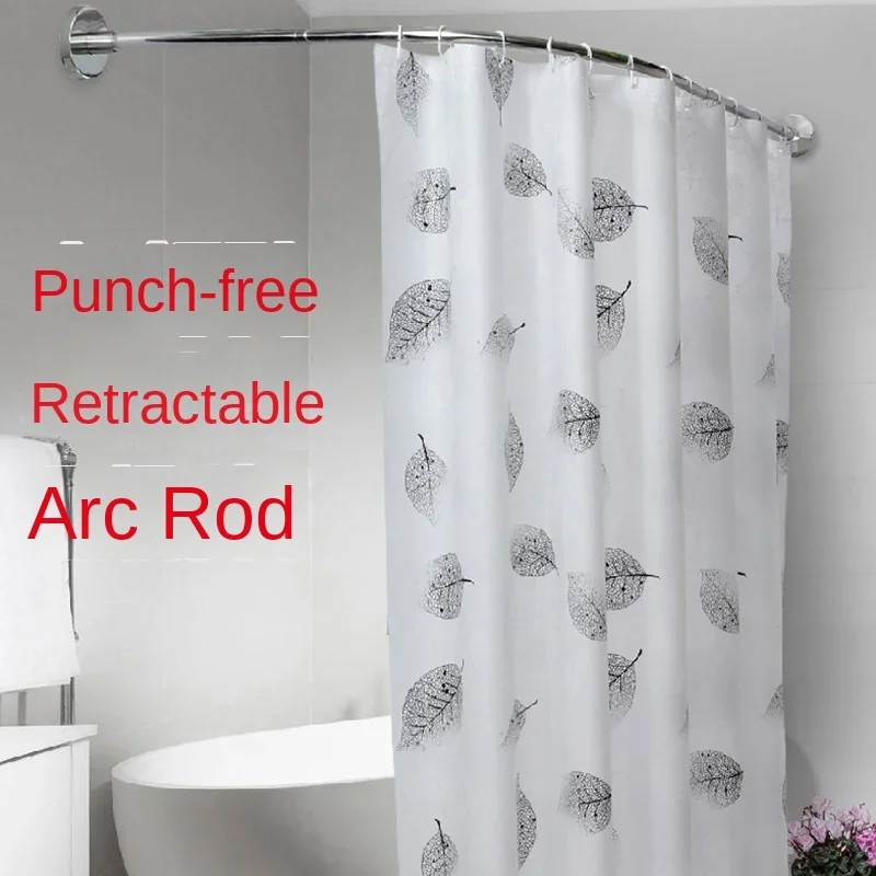 Extendable Curved Shower Curtain Rod U Shaped 201 Stainless Steel Shower Curtain Poles Punch-Free Bathroom Curtain Rail 6 Size