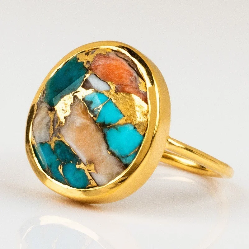 Jianjie Elegant Women\'s Colorful Stone Inlay Rings Golden Edged Vintage Banquet Charming Ladys New Ring Jewelry Accessories