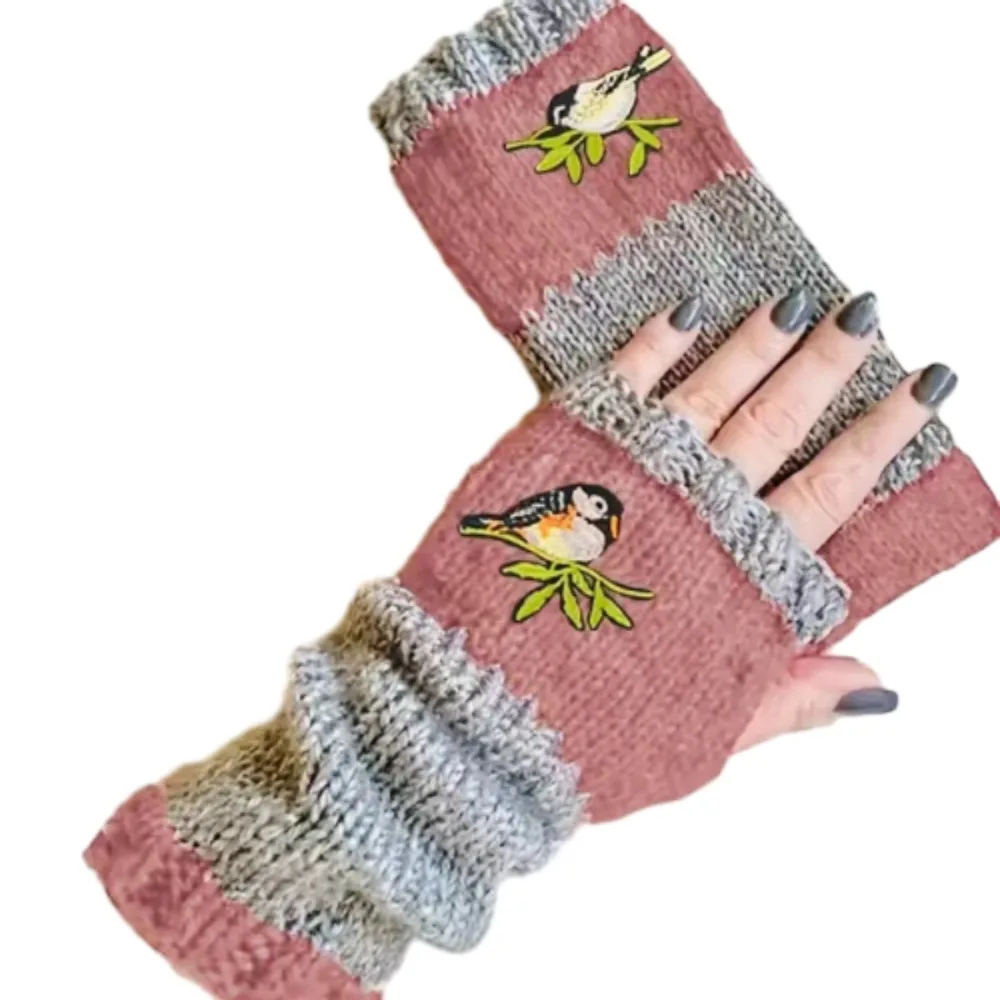 

Elastic Embroidered Bird Half Finger Gloves Soft Windproof Knitted Fingerless Gloves Warm Patchwork Y2k Winter Mittens Women