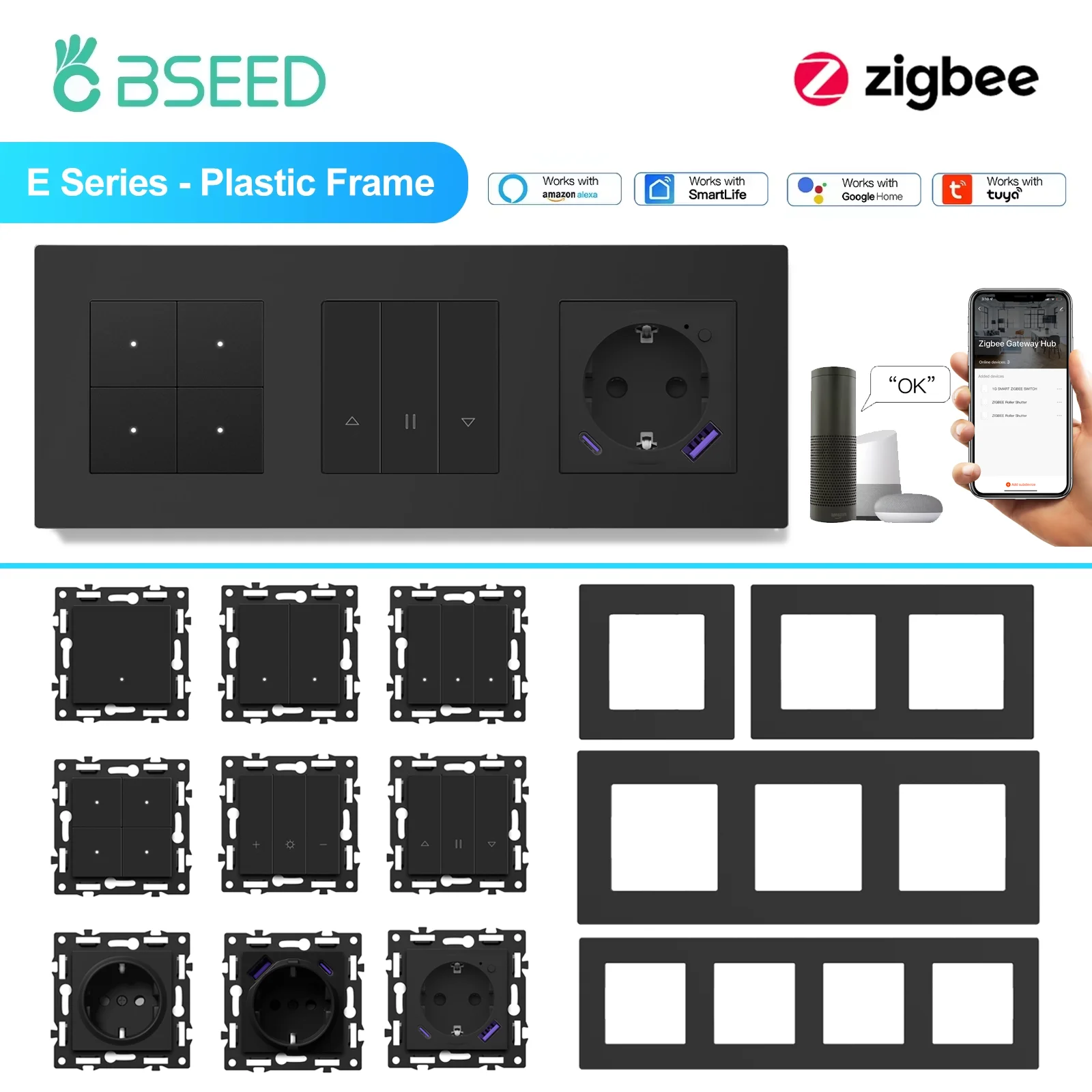 Bseed zigbee luz mecânica/tianas de rolo/dimmer tuya interruptores inteligentes ue/fr módulos tomada energia molduras plásticas foscas peças diy
