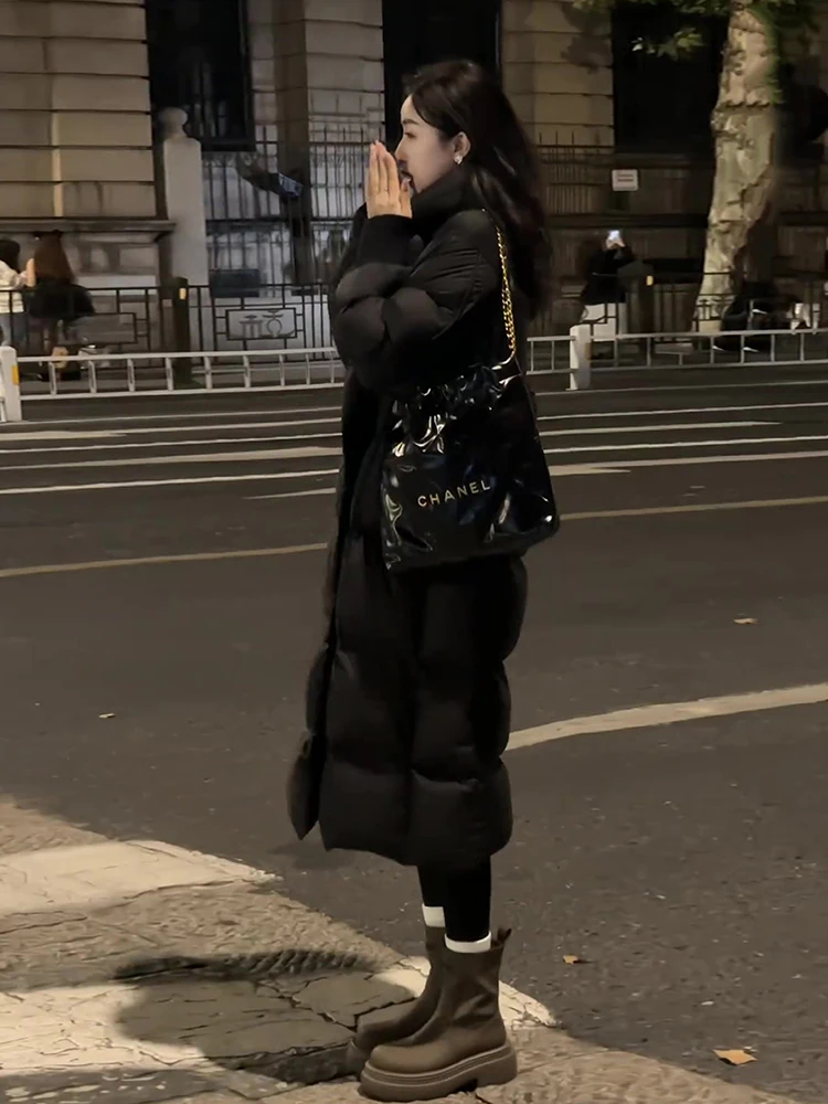 Faionable Thiened Long Bla Du down Jaet Abrigo de invierno con cuello levantado Sli para mujer Commute Sle Du Acolchado de plumas...